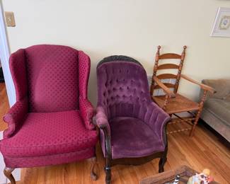 Red wingback chair, Victorian tufted velvet parlor chair and a ladder back rush seat chair