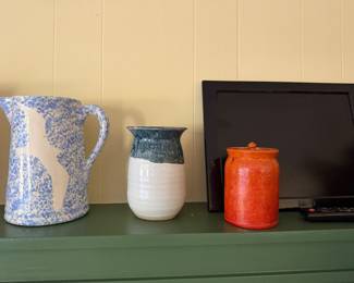 Blue spongeware pitcher, studio pottery vase and orange glazed lidded jar