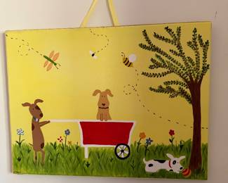 Hand painted canvas of whimsical dogs with a red wagon