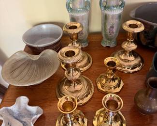 Brass candlesticks, pair of lustre porcelain handled vases and studio pottery shell dishes