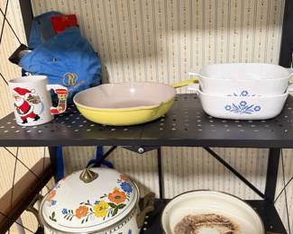 Corning Ware Cornflower casseroles, yellow enamel skillet, floral enamelware pieces and a Santa mug