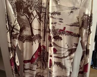 1970s scenic print polyester blouse with winter farm landscape