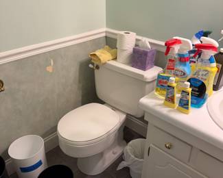 Household cleaning supplies and waste baskets