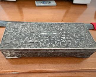 Ornate repousse silverplate footed trinket box
