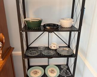 Shelf unit of cut glass bowls, pottery, glass plates, china plates and silverplate trays