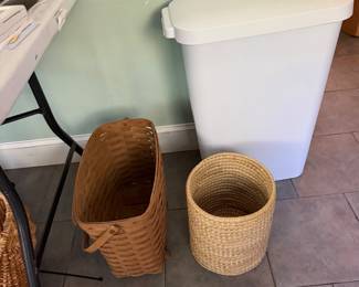 Woven splint baskets with a lidded plastic storage bin