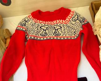 Vintage red knit sweater with Snoopy yoke design and a purple velvet skirt