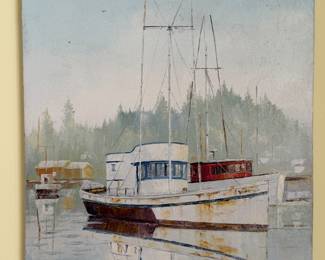 Signed oil painting on canvas of a fishing boat in a misty harbor, unframed