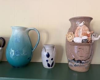Turquoise studio pottery pitcher, cobalt decorated salt glaze crock and Noah's Ark stoneware vase