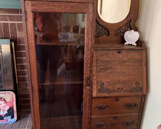 Antique oak side by side secretary bookcase with beveled mirror and drop front desk
