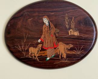 Oval marquetry inlaid wood wall plaque of a shepherdess with sheep