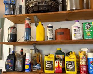 Garage shelves of automotive fluids, pest control products, cake pans and a stockpot