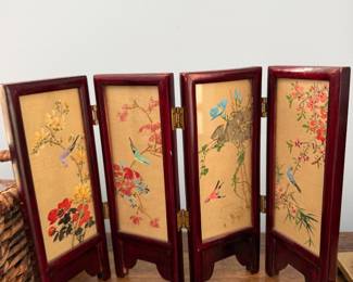 Miniature four panel Asian table screen with hand painted bird and blossom panels