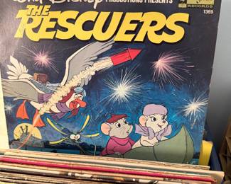 Walt Disney The Rescuers Disneyland Records LP with a crate of records