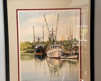 Framed signed watercolor print of shrimp boats at anchor