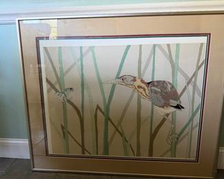 Large framed and matted signed print of a wading bird and a frog among reeds