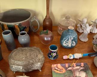 Silverplate footed trinket casket, studio pottery bowl, art pottery vases, cloisonne vase and a sailing ship plate