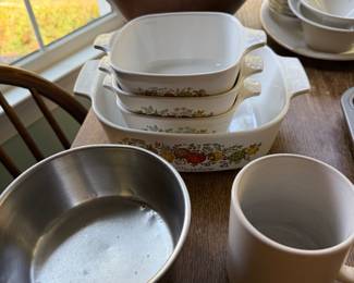 Corning Ware Spice of Life casseroles, a wood salad bowl set and a stainless mixing bowl