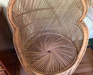 Vintage woven rattan fan back barrel chair