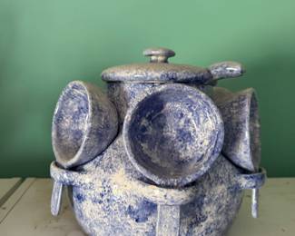 Blue spongeware pottery soup tureen with lid, cups and spoons