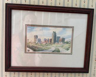 Framed and matted city skyline watercolor print