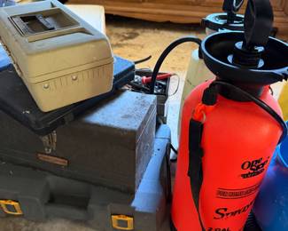 Craftsman tool cases, a two gallon garden sprayer and jumper cables