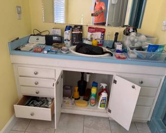 Double vanity with personal care items, KN95 masks, grooming tools and cleaning supplies