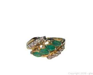 Vintage 14K Yellow Gold Emerald and Diamond Wave Ring