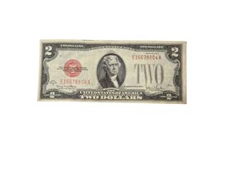 1953 2USD Red Seal United States Note Jefferson Monticello Vintage Currency