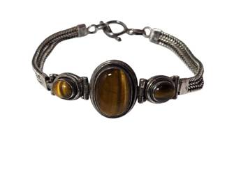 JTV 925 Sterling Silver Tigers Eye 3 Stone Bracelet