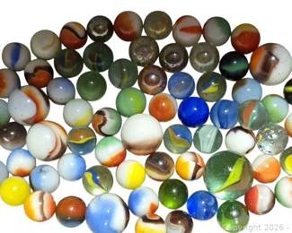 Lot of 80 Assorted Glass Marbles Swirls Cats Eye Opaque and Transparent Various Sizes