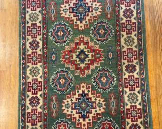 31”L x 51”W | Hand-Knotted Geometric Tribal Area Rug in Sage Green and Crimson