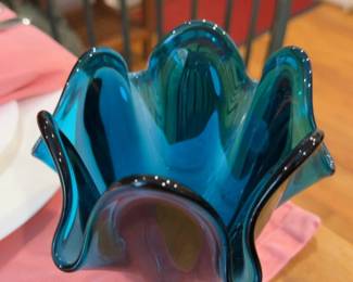 4” | Vintage Hand-Blown Murano Style Teal Art Glass Ruffled Bowl