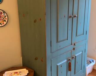 72”H x 43”L x 21”W | Rustic Blue Painted Wooden Huch Cabinet