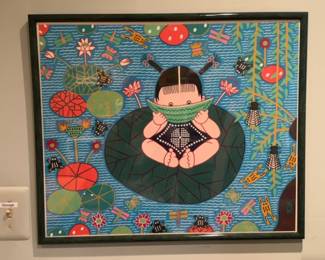 25” x 21” Vibrant Naive Art Style Painting of a Child Eating Watermelon on a Lily Pad