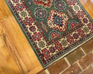 31”L x 51”W | Hand-Knotted Geometric Tribal Area Rug in Sage Green and Crimson