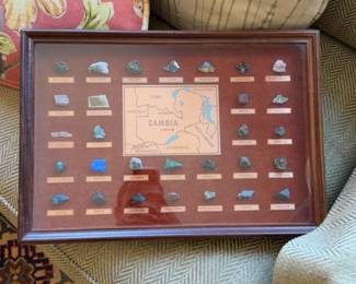 11”H x 4”L x 2”W | Vintage Framed Zambia Minerals and Gemstones Specimen Collection