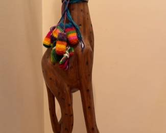 62”H | Hand-Carved Wooden Giraffe Statue with Colorful Tassels from Africa