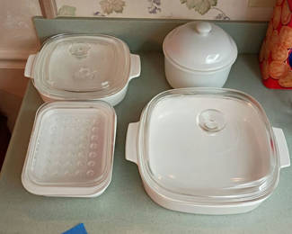Lot 52: White Corning Ware Casserole Dishes and Covered Container Set