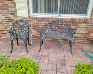 Lot 813: Ornate Metal Patio Bench and Chair