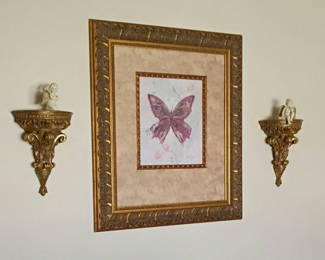 Lot 86: Framed Butterfly Wall Art with Two Decorative Wall Shelves