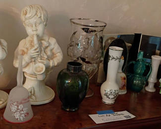 Lot 72: Decorative Figurines, Vases, Bells, and Floral Arrangement