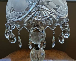 Lot 99: Crystal and Marble Table Lamp with Hanging Prisms