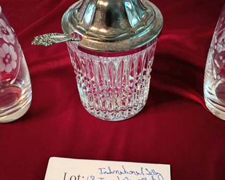 Lot 18: Crystal Jar with Silver-Plated Lid, Spoon, and Two Etched Crystal Glasses