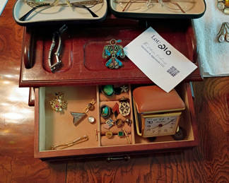 Lot 210: Eyeglasses, Jewelry Box, Clock, and Assorted Costume Jewelry
