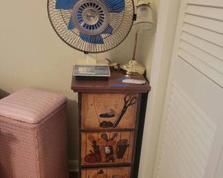 Lot 161: Table Fan, Desk Lamp, and Three-Drawer Storage Cabinet