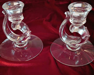 Lot 23: Glass Candlesticks with Sugar Bowl and Creamer
