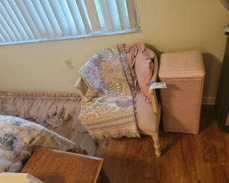 Lot 162: Upholstered Bench, Wicker Hamper, Throw Blanket, and Curtain Valance