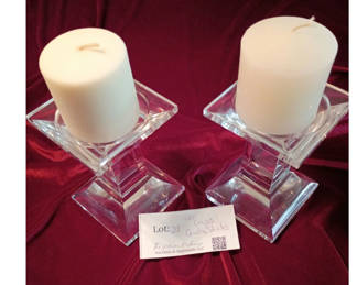 Lot 28: Pair of Glass Candle Holders with White Pillar Candles