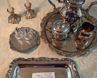 Lot 8: Silver-Tone Tea Service Set with Trays, Candlesticks, and Shakers